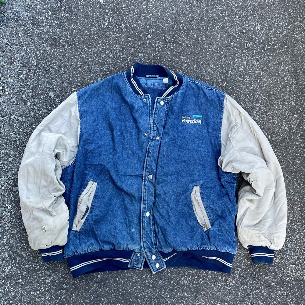 Denim Varsity style  Jacket with Cream Sleeves Mens size XL
